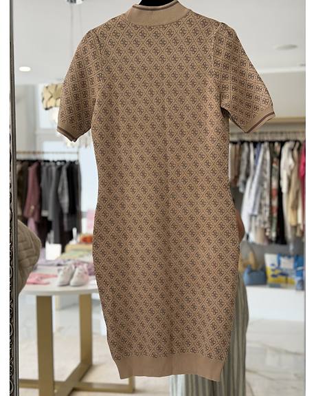 Guess — Vestido malha creme logotipado (Na loja)