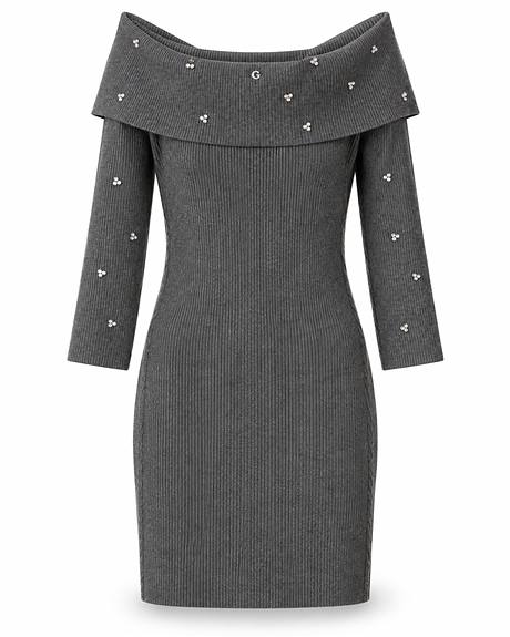 Guess — Vestido cinza malha ombros descaídos (A peça)